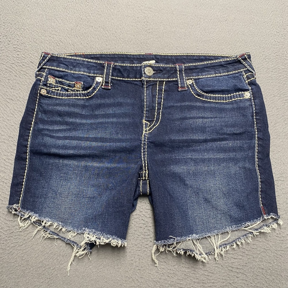 True Religion Shorts Womens 34 Blue Denim Halle Big T Cut-Off Frayed Hem Stretch